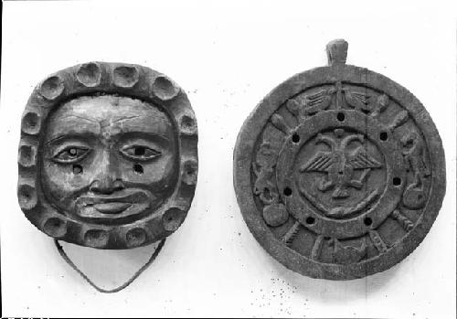 Wooden Calendar and Disc With Carved Human Face