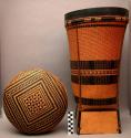 Cylindrical bamboo basket with cover; black band decoration