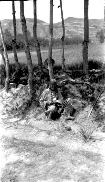 Woman sitting under trees at roadside