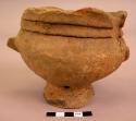 Heavy unpainted pottery incense burner with handles broken off