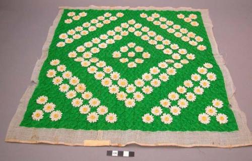 Embroidered field of daisies on green background