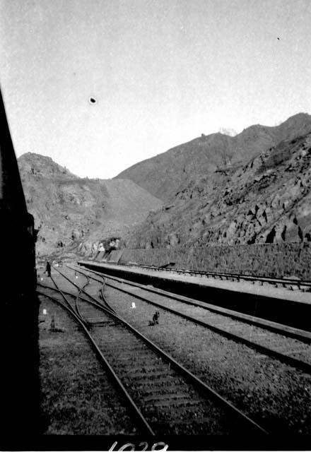 Railroad tracks, mountain background