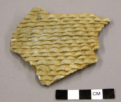 Ceramic sherd, body sherd, corrugated exterior, terra cotta