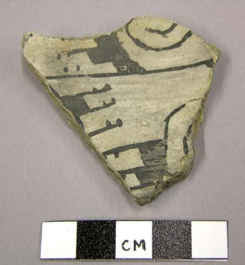 Ceramic sherd, bowl, body sherd, painted black designs on white