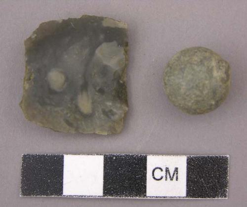 Musket ball and French grey gunflint, wedge-shaped