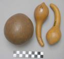 2 modern long necked gourds; 1 coconut (polished) vessel used for coca - modern