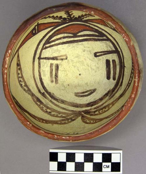 Bowl, polacca polychrome style c. int: kachina design; ext: slipped, no design.