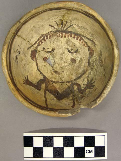 Bowl, polacca polychrome style c. int: clown design; ext: slipped, no design. 4.