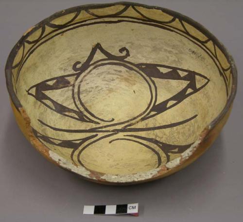 Bowl, polacca polychrome style c. int: zuni rain bird design; ext: slipped, no d