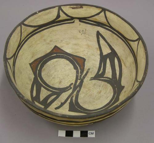 Bowl, polacca polychrome style c. int: zuni rain bird design; ext: linear design