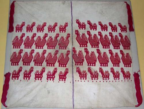 Tzute embroidered headcloth for a man, white with red animal motif