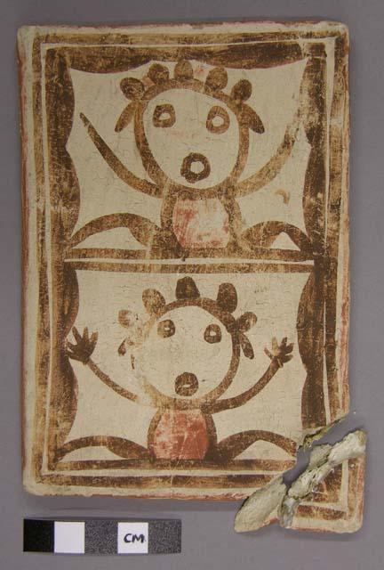 Tile, Polacca polychrome style d. kachina & clown design; Katsina name: Tca-ku-wympka