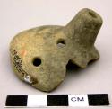 Ceramic sherd of whistle?, rounded with spout-like projection, two holes