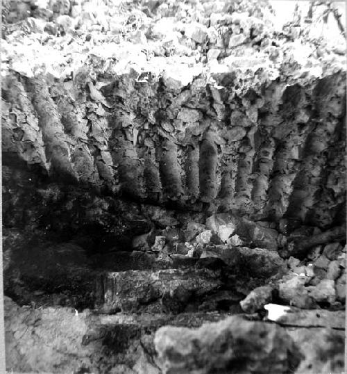 Str. 34 - Impressions of small wood beams in roof cap.  North end of rear room