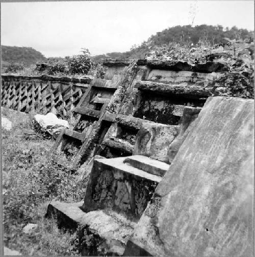 Structure D, Tajin Chico. In foreground, secondary "balustrade" and steps