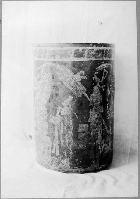 Polychrome cylindrical dated pot from burial in Vault I.  A-I