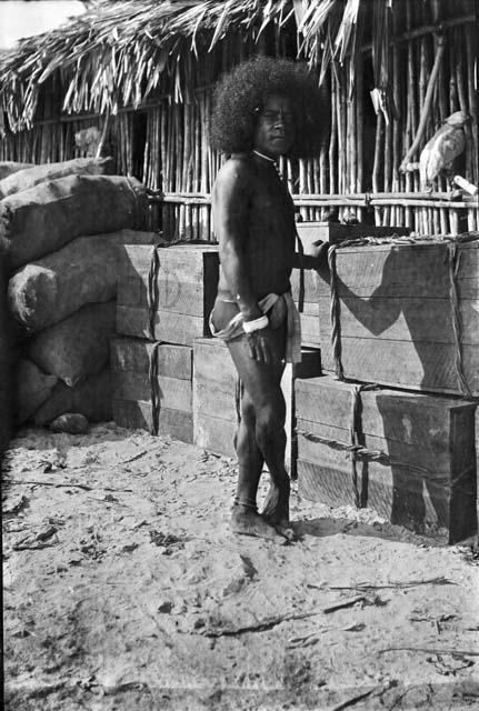 Indigenous man standing in front of hut with parrot