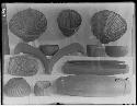 Wooden storage boxes, canoe ornament; baskets and pottery