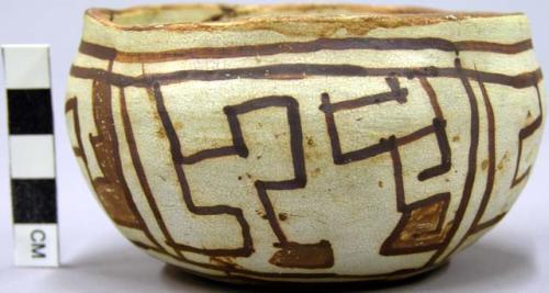 Bowl, polacca polychrome style c. int: splatter design; ext: linear design. 5.9