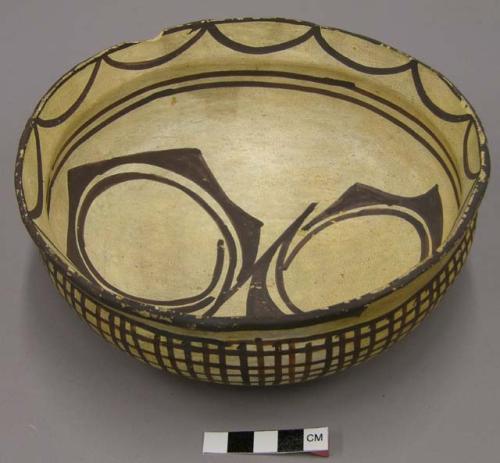 Bowl, polacca polychrome style c. int: zuni rain bird design; ext: linear design