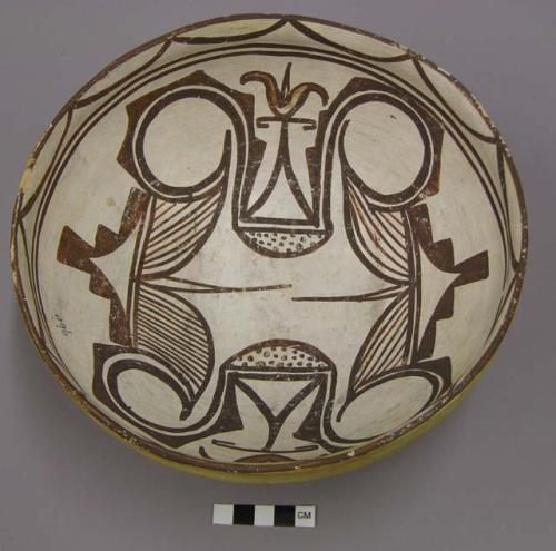 Bowl, polacca polychrome style c. int: zuni rain bird design; ext: slipped, no d