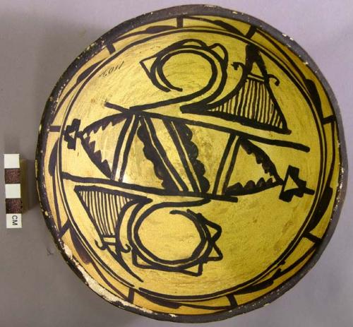 Bowl, polacca polychrome style c. int: Zuni rain bird design; ext: slipped, no d