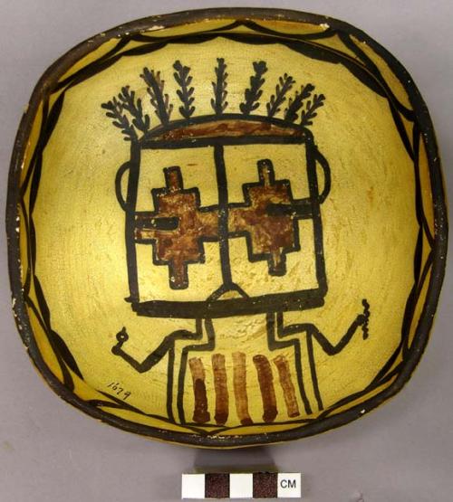 Bowl, polacca polychrome style c. int: kachina design; ext: plant design. 6.9 x