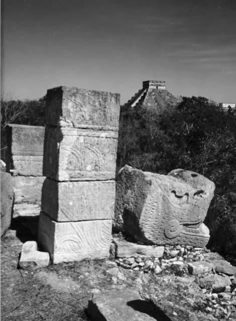 Carved stone and Serpent heads at top of E. stairway