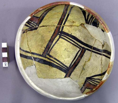 Restored bowl, polacca polychrome style c. int: linear design; ext: slipped