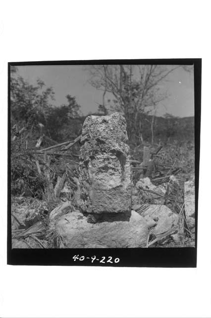 Stone figure, front, hilltop milpa.