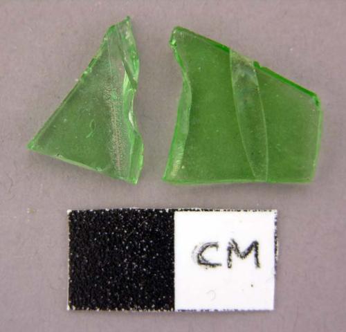 Glass, green bottle glass, fragments, curved