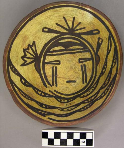 Bowl, polacca polychrome style c. int: kachina design; ext: slipped, no design.