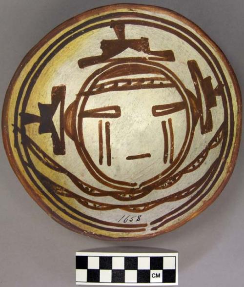 Bowl, polacca polychrome style c. int: kachina design; ext: slipped, no design.