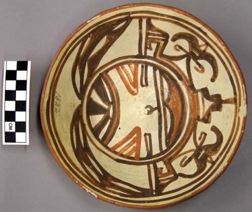 Bowl, polacca polychrome style c. int: kachina design; ext: slipped, no design.