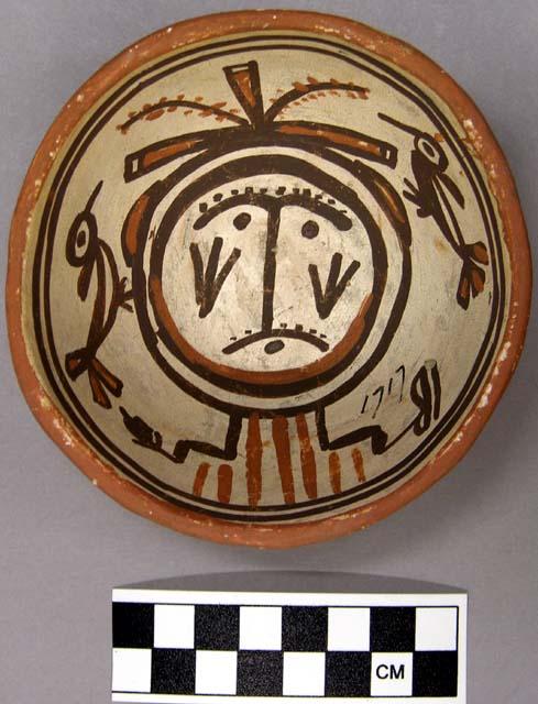 Bowl, polacca polychrome style c. int: clown design; ext: slipped, no design. 5.