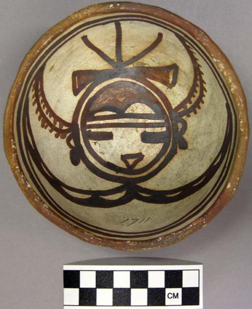 Bowl, polacca polychrome style c. int: kachina design; ext: slipped, no design.