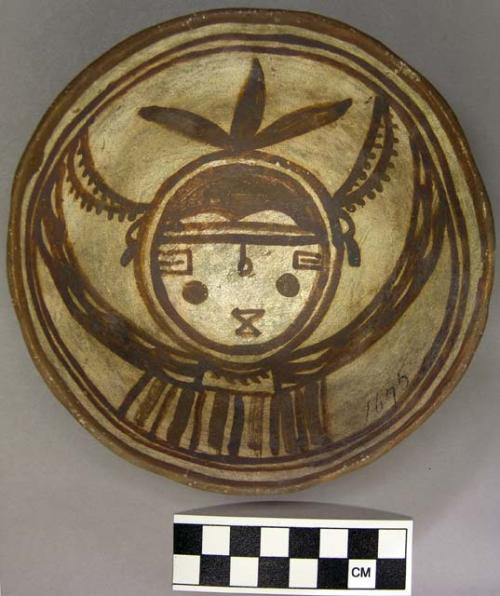 Bowl, polacca polychrome style c. int: kachina design; ext: slipped, no design.