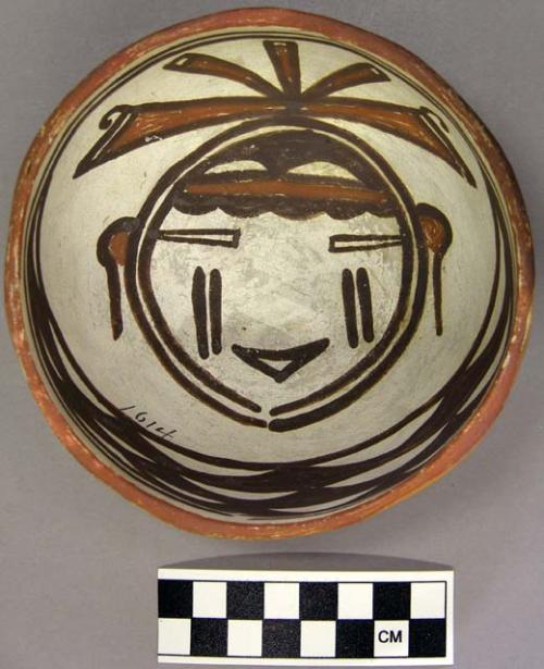 Bowl, polacca polychrome style c. int: kachina design; ext: slipped, no design.