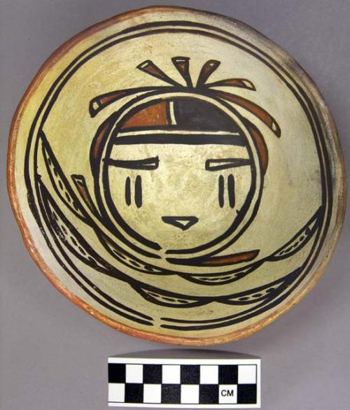 Bowl, polacca polychrome style c. int: kachina design; ext: slipped, no design.