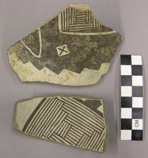 Ceramic sherds, body sherds, black designs on white interior or exterior