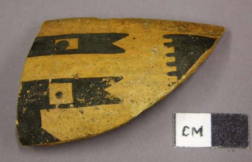 Ceramic sherd, bowl, rim sherd, black painted designs both sides