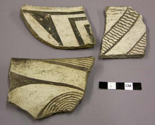 Ceramic sherds, bowl, rim sherds, painted black and white designs interior