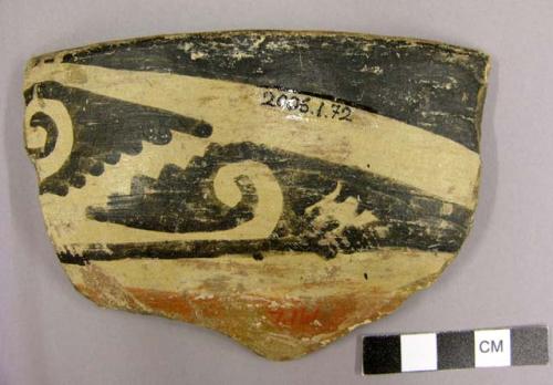 Ceramic sherd, bowl, rim sherd, painted designs both sides, polychrome