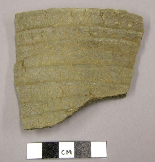 Ceramic sherd, body sherd, clapboard-like texture, gray