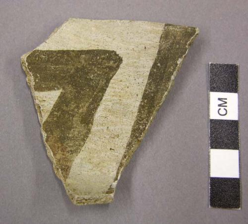 Ceramic sherd, rim sherd with red designs at interior on buff