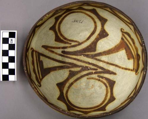 Bowl, polacca polychrome style c. int: zuni rain bird design; ext: slipped, no d