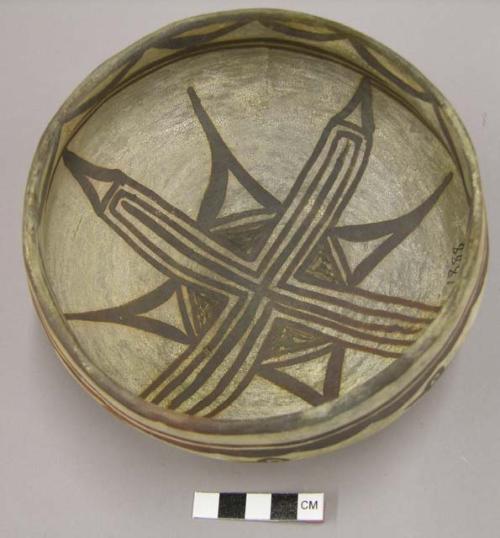 Bowl, polacca polychrome style c. int: linear design; ext: animal design. 8.1 x