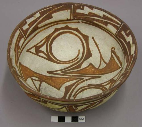 Bowl, polacca polychrome style c. int: zuni rain bird design; ext: linear design