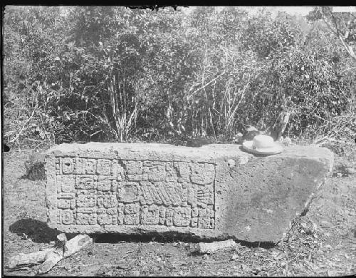 Sculpture with glyphs (man's hat for scale)