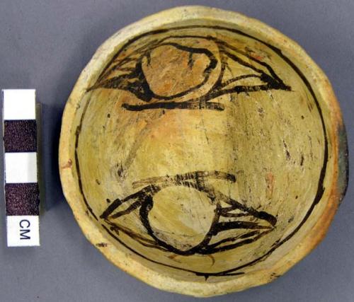 Bowl, polacca polychrome style c. int: Zuni rain bird design; ext: slipped, no d